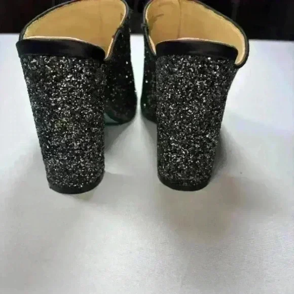 Blue by Betsy Johnson Black Glitter Embellished Block Heel Pumps Size 6.5 Astor - Picture 6 of 7